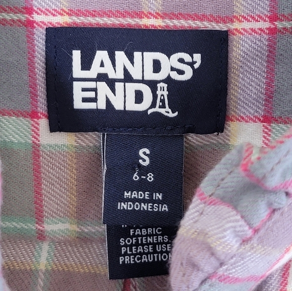 Lands' End | Pastel Purple Pink Green Plaid Flannel Shirt with Ruffle Details - Picture 4 of 6